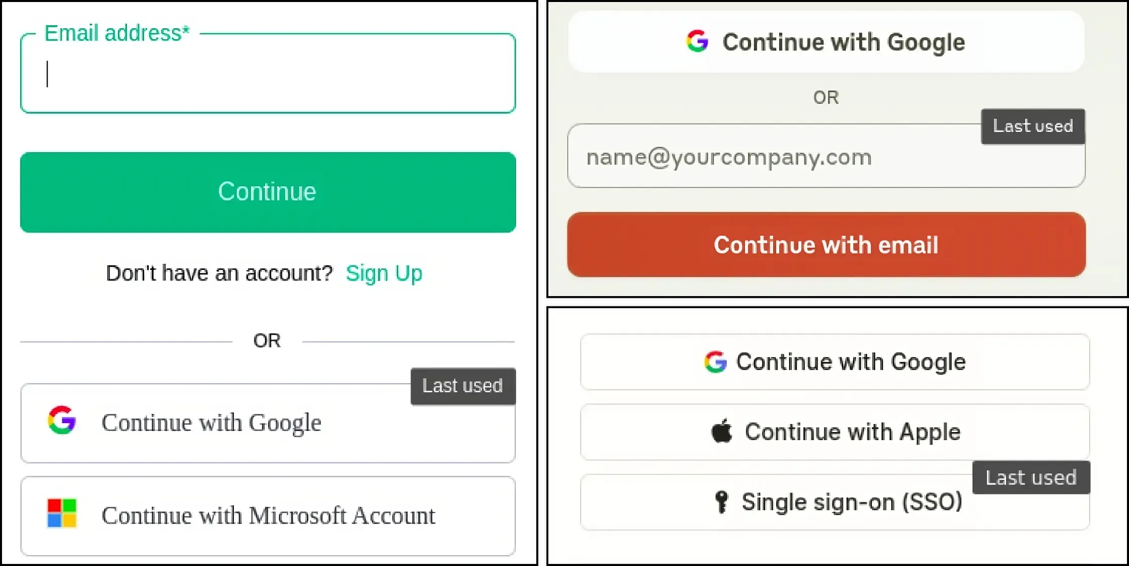 Login Sections of three different websites with methods marked with 'last used' by extension.